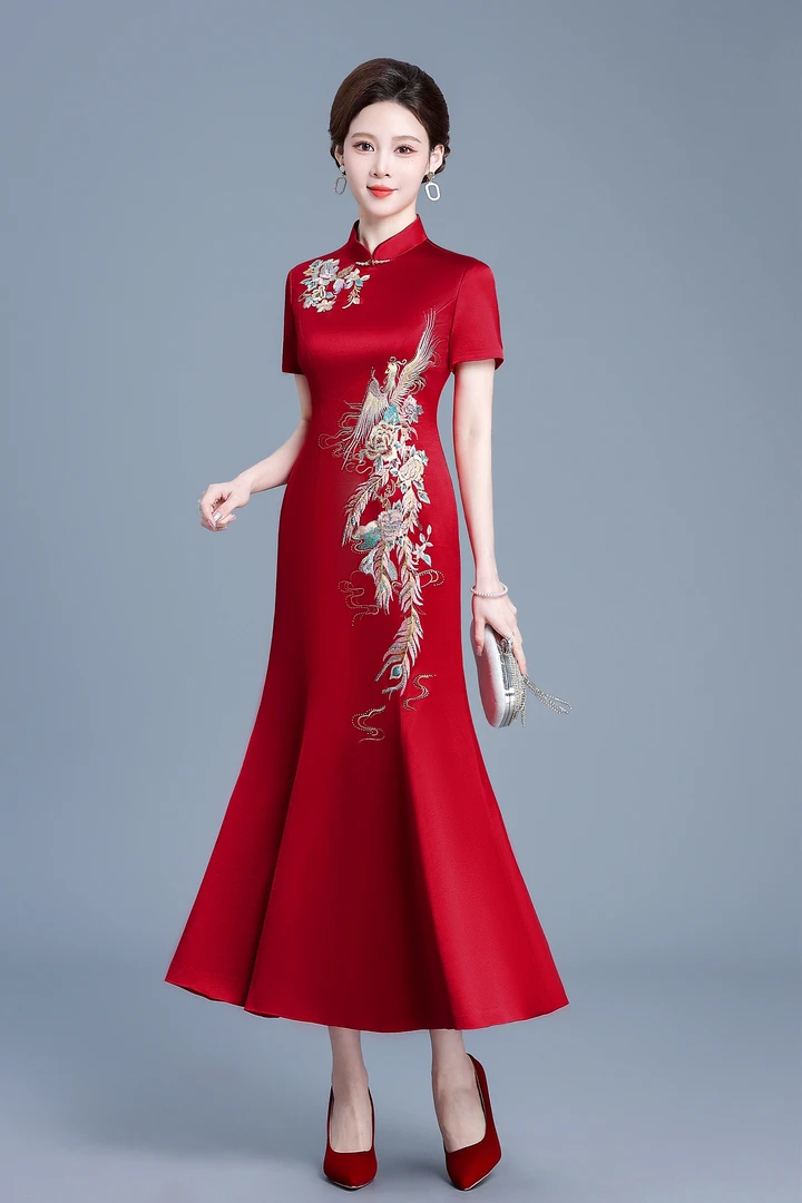 喜婆婆婚礼2025新款高端醋酸礼服喜妈妈时尚气质鱼尾连衣裙