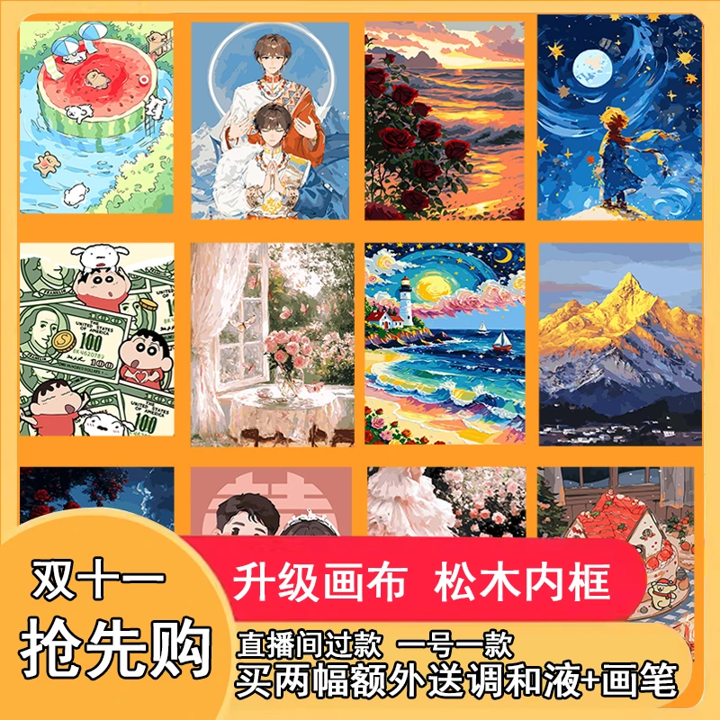 双十一提前购【K1-K200】40*50数字油画DIY手工填色画花卉动漫卡通