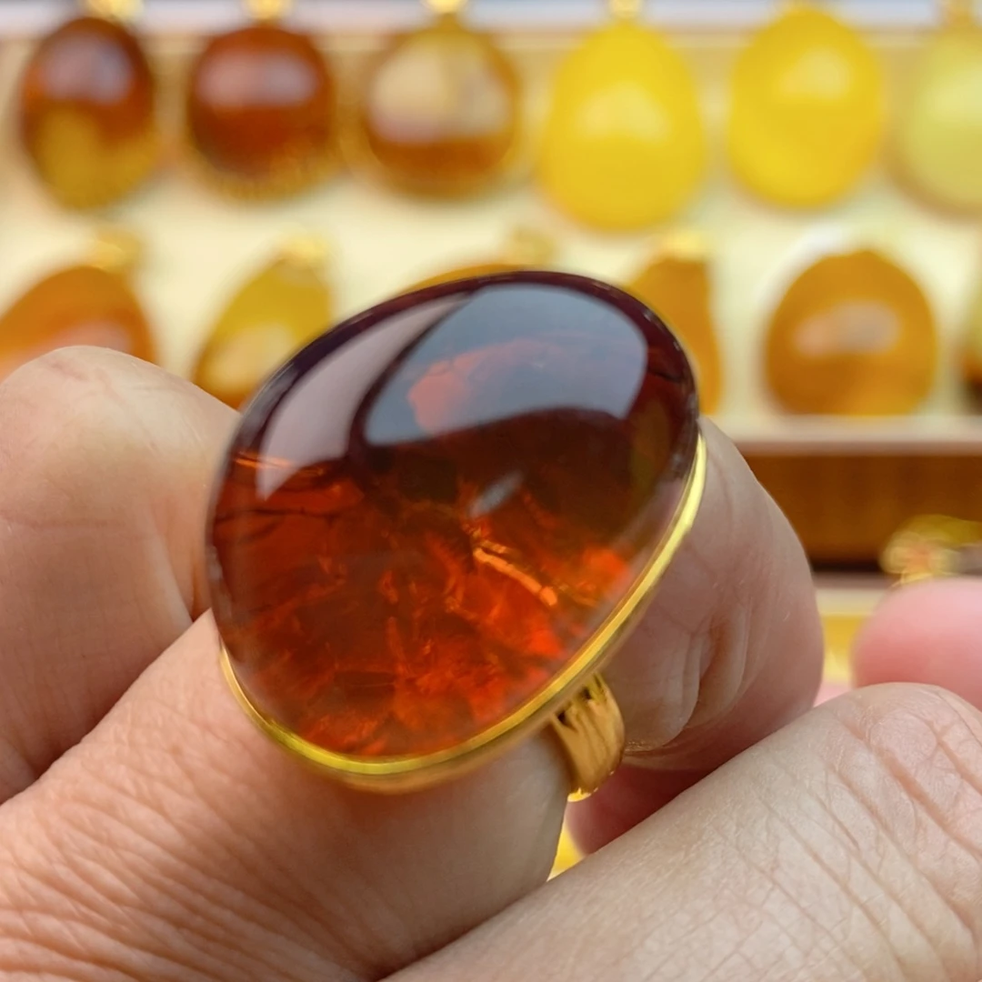 琥珀戒指银S925镀金镶嵌