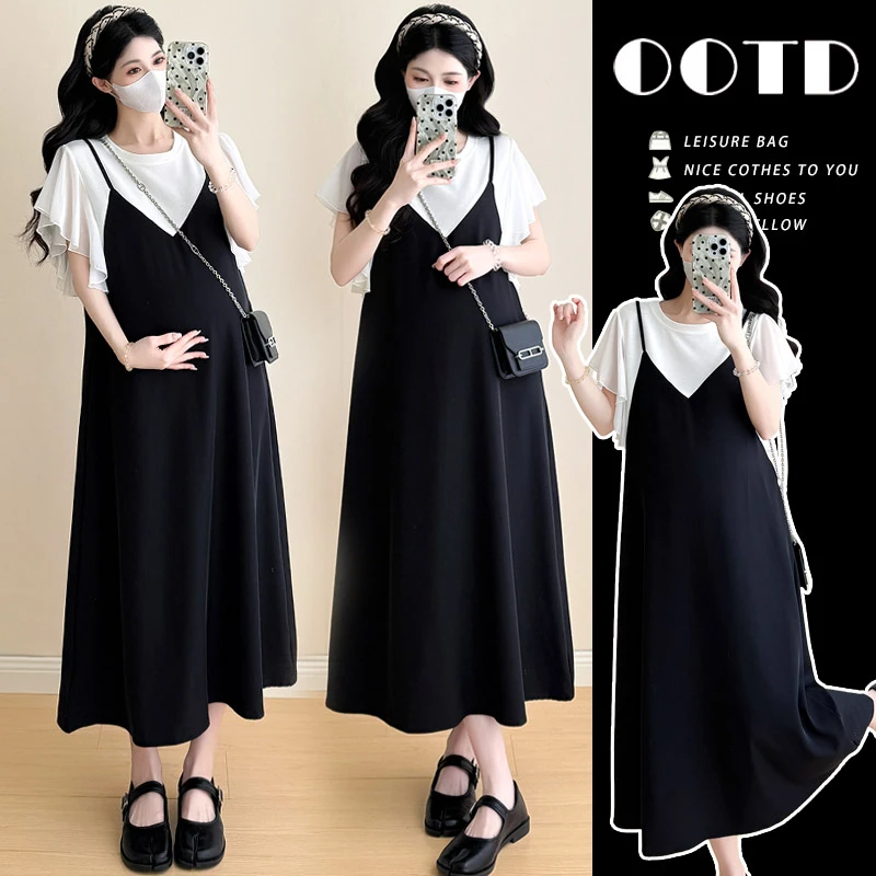 孕妇装夏装2025新款夏季假两件拼接简约大方遮肉显瘦百搭连衣裙女