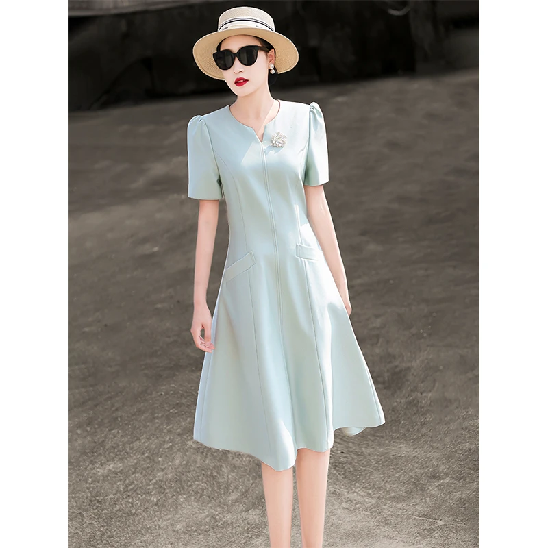 MEXCOCO/兰瑟儿2025夏季优雅通勤修身短袖V领连衣裙105XL2567