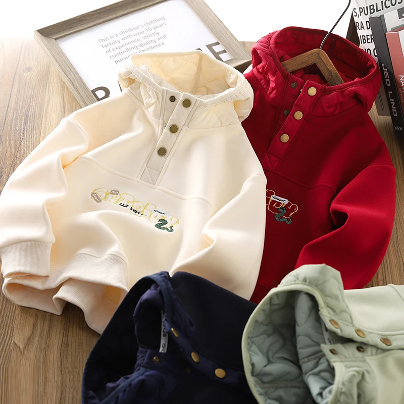 男童加绒卫衣2024冬季新款儿童连帽防风保暖上衣中大童洋气打底衫