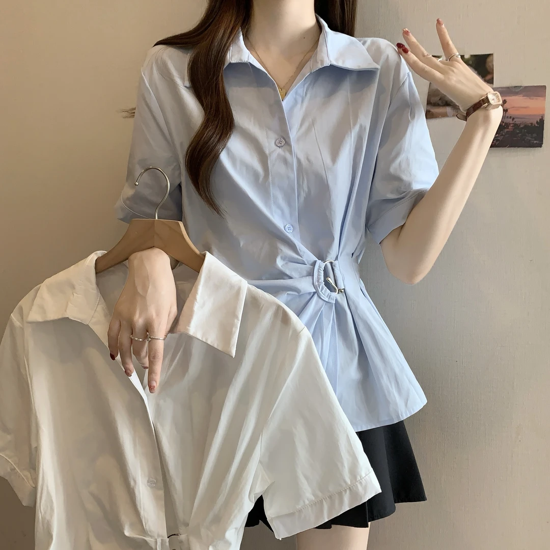 【现货】夏季法式翻领不规则设计感百搭收腰显瘦短袖上衣衬衫女7173