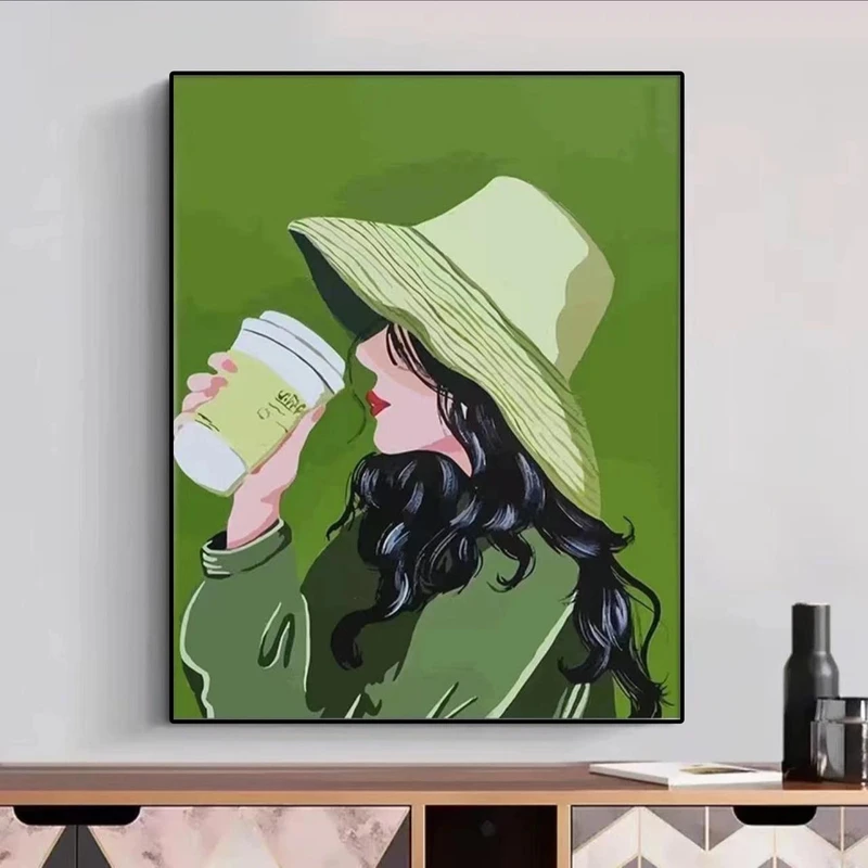 高货砂岩温馨喝咖啡女孩动漫客厅挂画创意客厅玄关走廊挂画4060