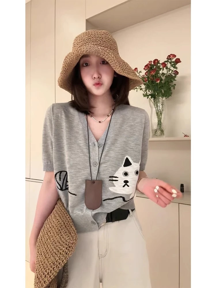 JX-夏季新款v领短袖开衫小香风外套女小猫刺绣设计感洋气外搭