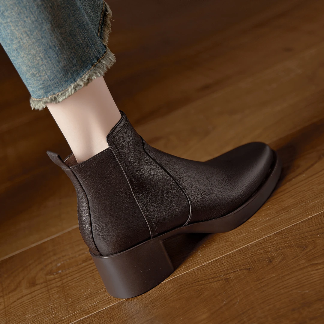 女款粗跟短靴羊皮棕色圆头马丁靴侧拉链切尔西靴秋季单靴冬季加绒