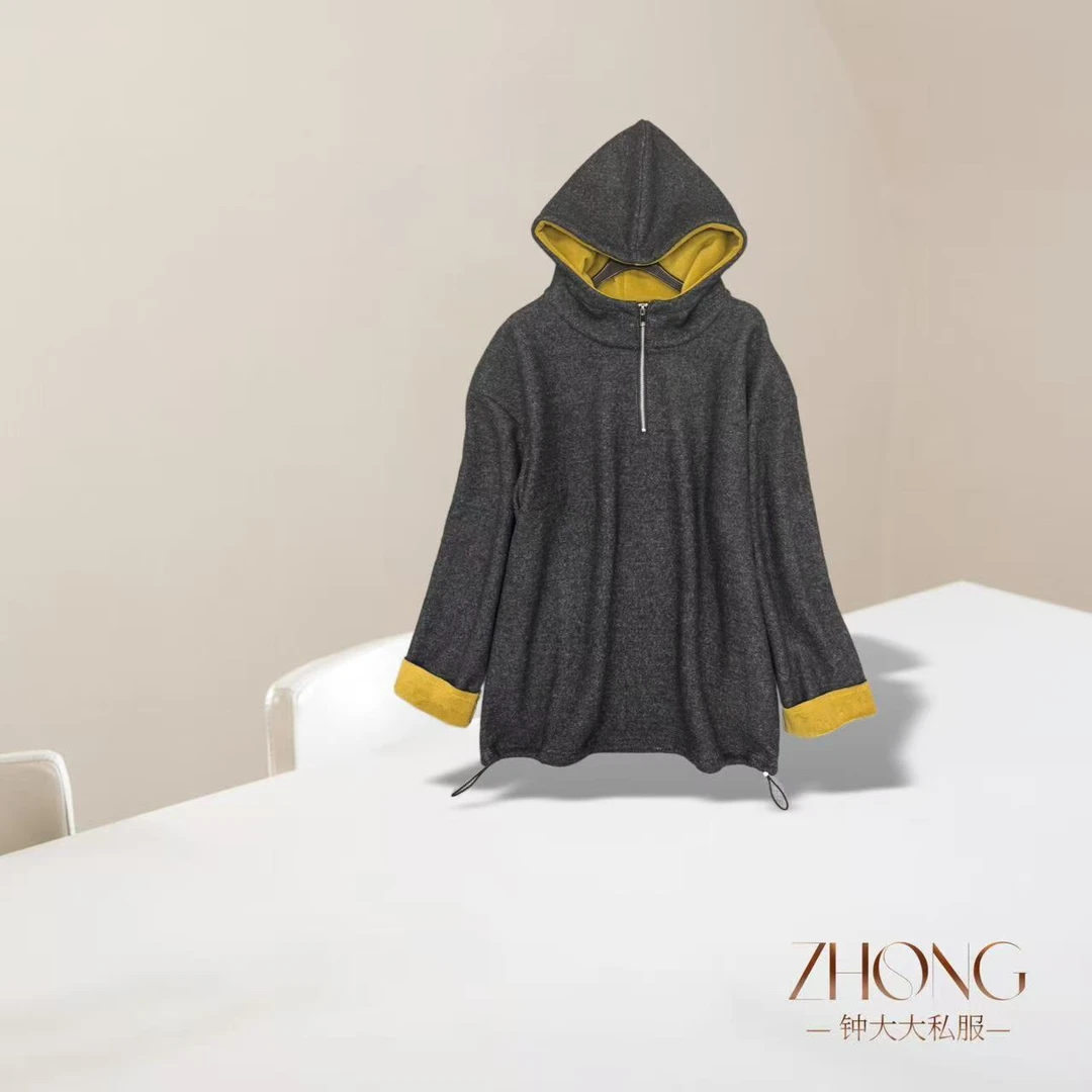 ZHONG大大【】2025冬季纯色拼接加厚款宽松连帽卫衣1056