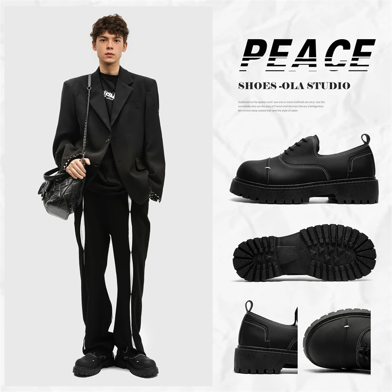 独立设计师品牌原创小众高街小众大头皮鞋增高厚底男鞋复古黑色
