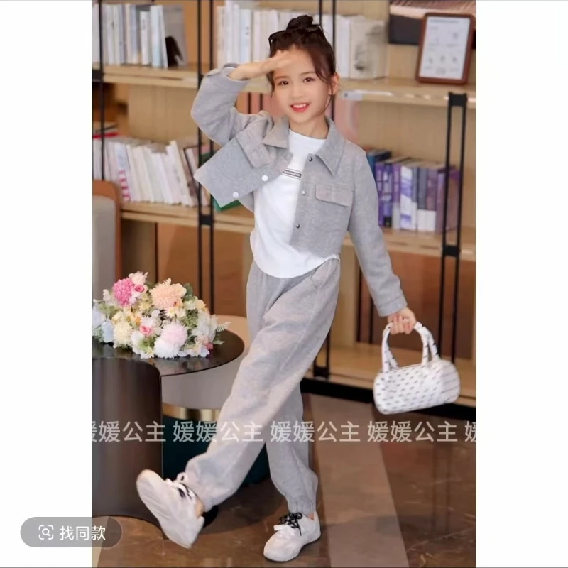 女童套装2025秋季新款时尚中大童休闲三件套气质时尚短款卫衣套装