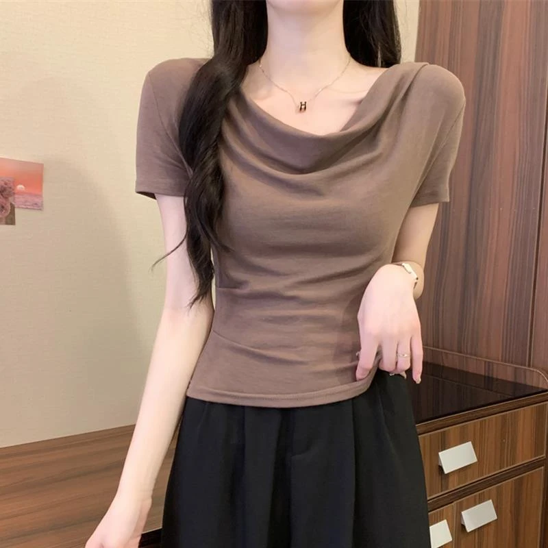 纯欲辣妹风荡领修身短袖T恤女夏季2025新款设计感露锁骨短款上衣