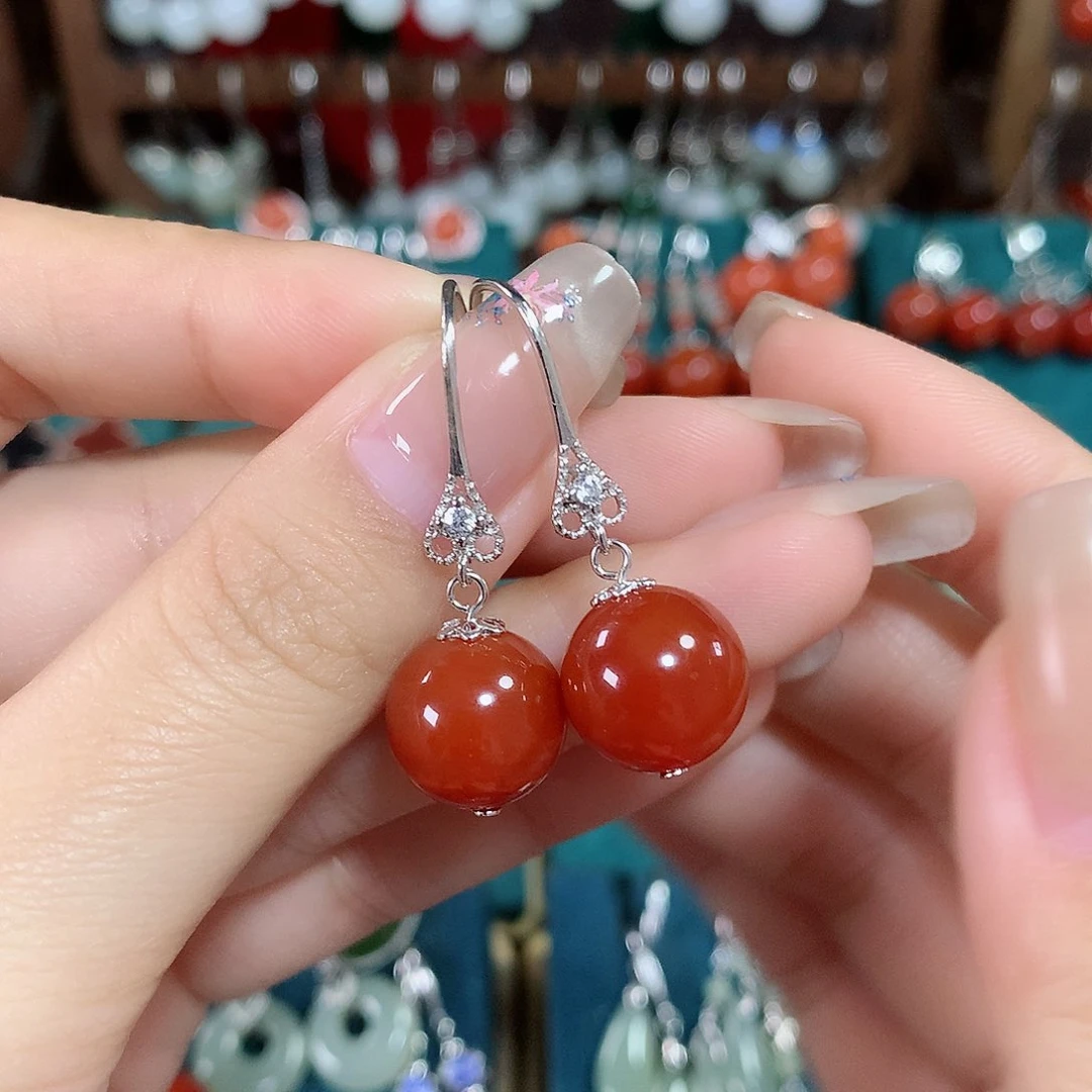 玛瑙/玉髓耳饰银S925镶嵌天然红玛瑙12mm左右