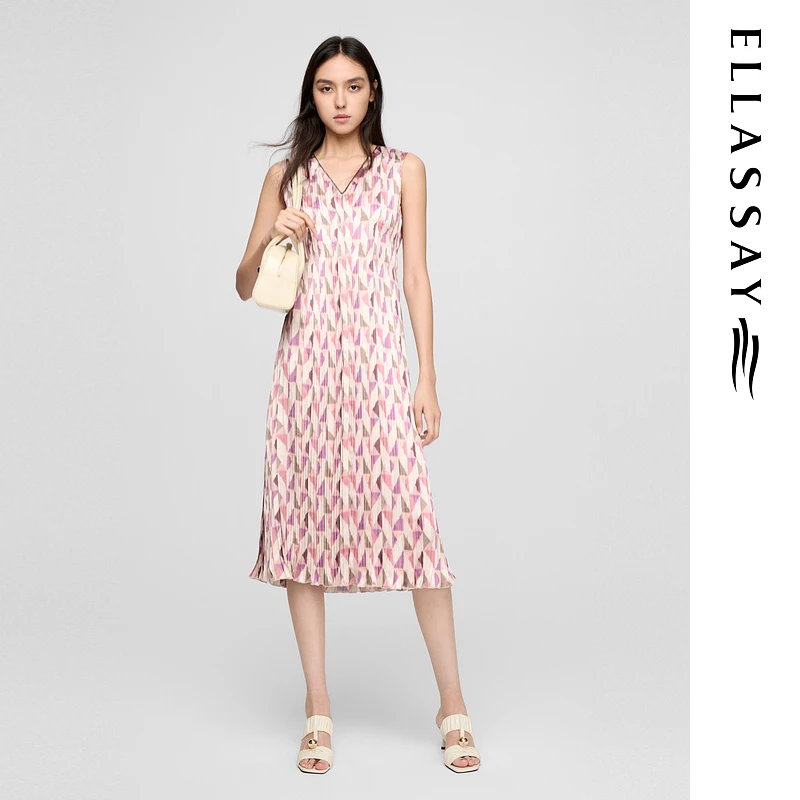 ELLASSAY歌力思2025夏季新款千层褶修身高腰连衣裙女EWE362Y19000