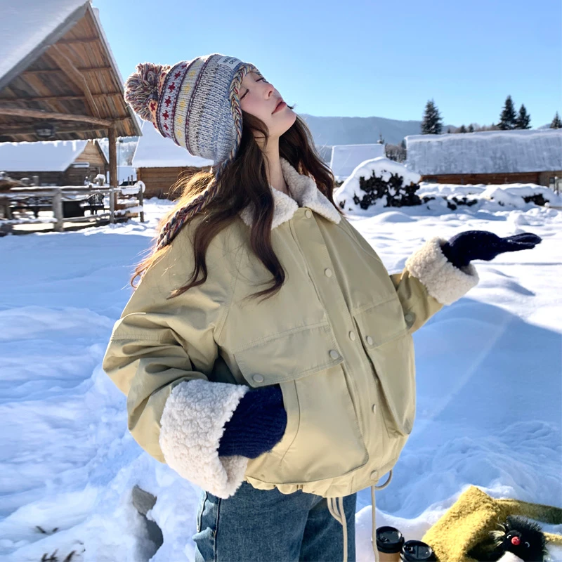 羊羔毛领派克羽绒服女2024冬季新款甜酷工装保暖白鸭绒内胆面包服