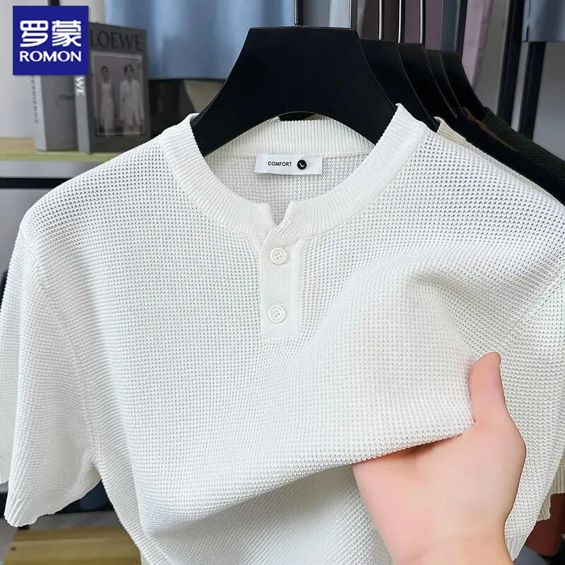 罗蒙新款针织短袖圆领纽扣男夏季休闲时尚半袖修罗蒙纯色长袖t恤