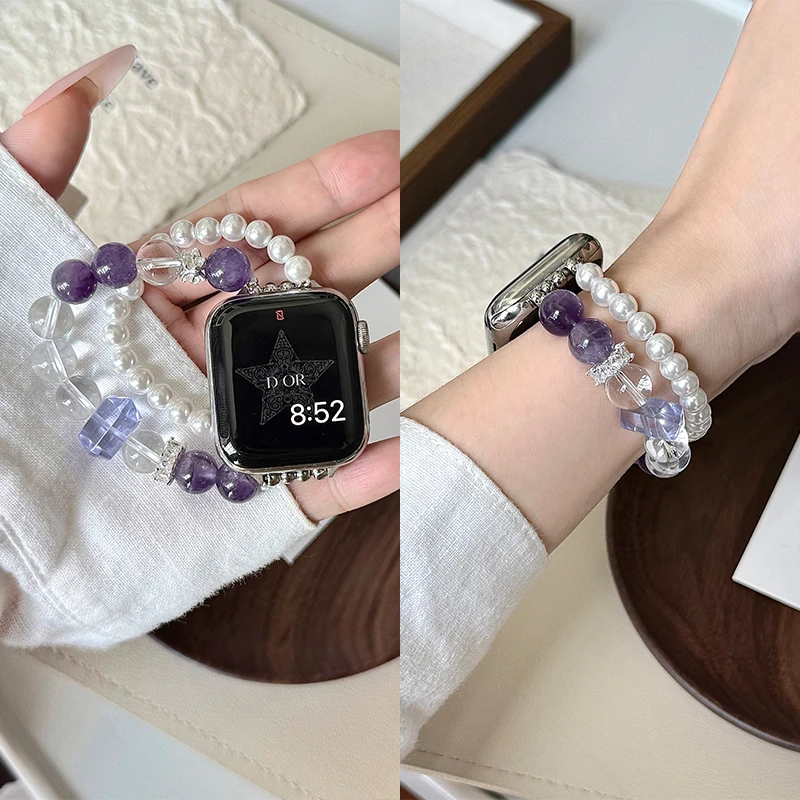 适用苹果手表iwatchS10表带水晶S9珍珠S8双排小香风SE夏Ultra女生
