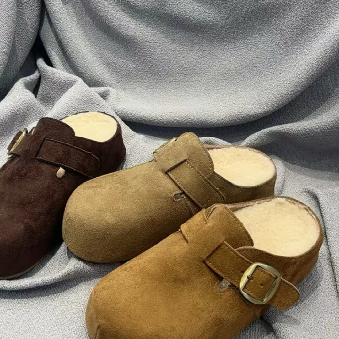 韩版休闲风极简风冬季磨砂皮百搭保暖秋冬女包头拖