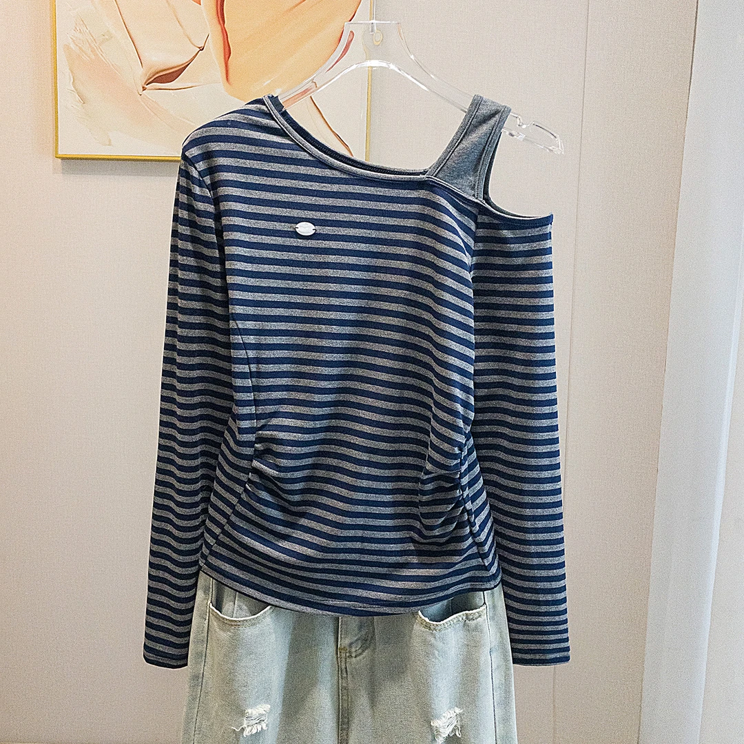 yoewshean/羽媗秋冬季斜肩长袖t恤大码女装微胖mm内搭打底上衣