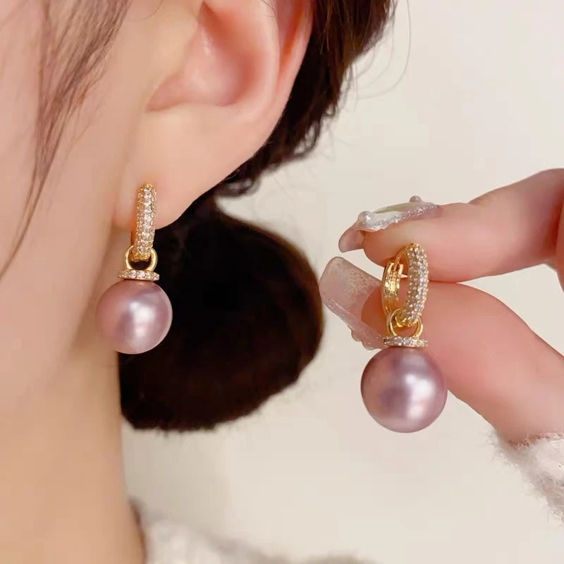 铜合金耳饰 微镶锆石两戴紫色珠珠耳扣精致时尚百搭小巧优雅耳环