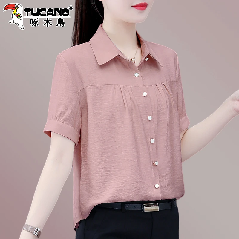 啄木鸟夏季洋气衬衫女2025夏款雪纺衫衬衣中年妈妈宽松遮肚上衣