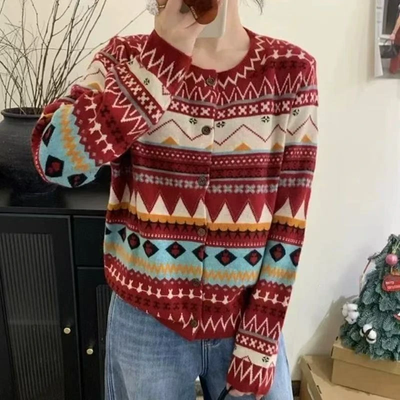 【玉姐家】费尔岛提花加厚保暖显瘦开衫毛衣90-140 新选f799