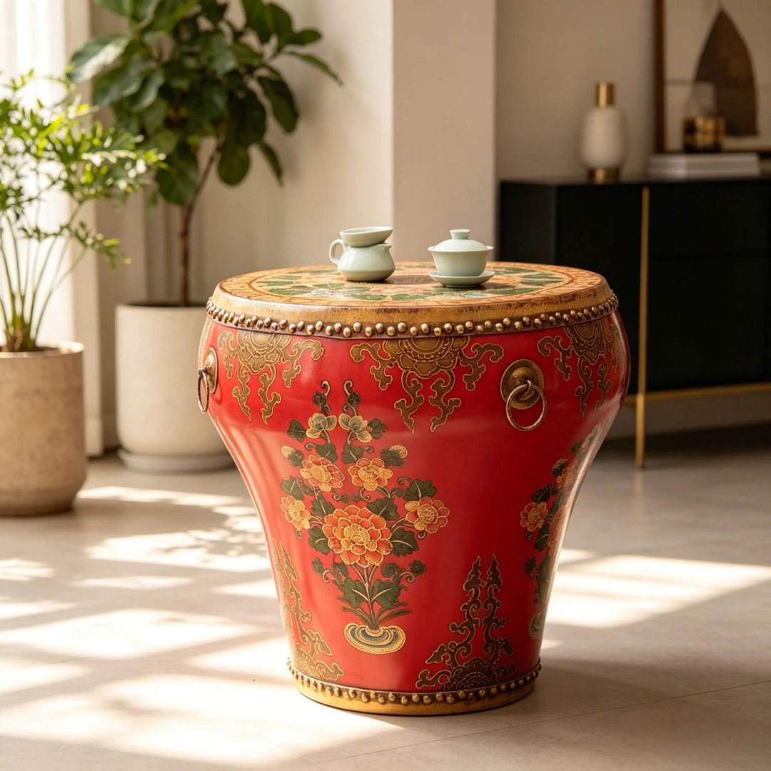 [大宅门出品] 东方美学手工彩绘牛皮中式鼓凳花瓶鼓几茶桌茶几
