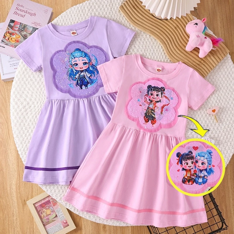 女宝宝哪吒敖丙服装亮片变色连衣裙子夏装小女孩哪咤变脸公主裙潮