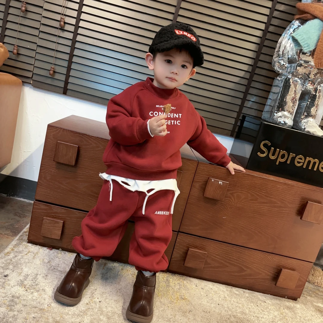 濮六六童装 男女童韩版新年款奥利绒字母运动套装 红色卫衣卫裤