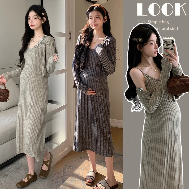 2025时尚孕妇法式气质名媛重工亮钻时髦吊带连衣裙套装裙子女裙子