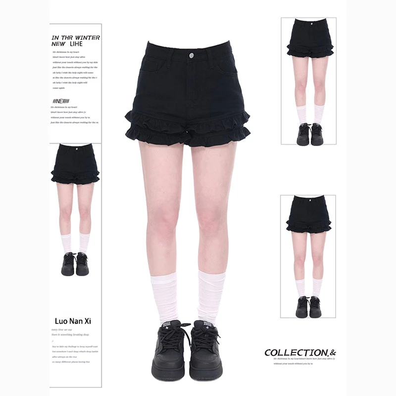 特大码胖mm黑色牛仔短裤女夏季薄款梨形身材设计感荷叶边高腰热裤