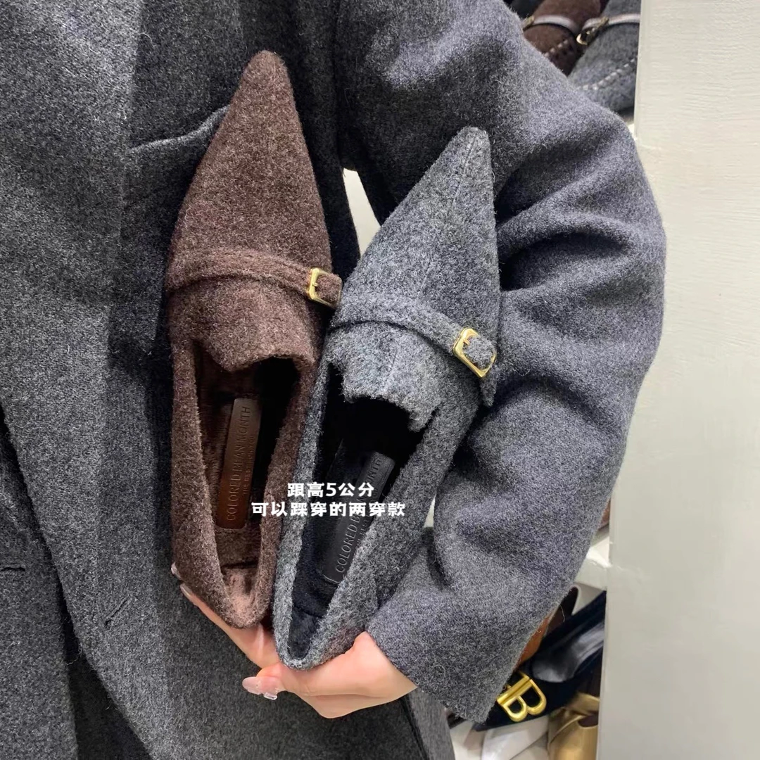 2025秋冬新款尖头高跟呢子毛毛单鞋时尚百搭加绒灰色洋气高跟鞋