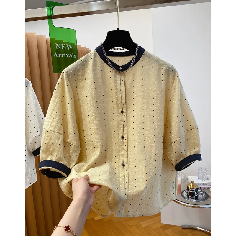 黄色波点雪纺衬衫女短袖2025夏季新款宽松减龄圆领洋气小衫上衣