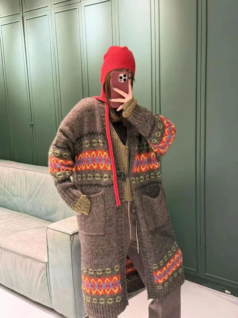 设计师款高级复古费尔岛提花秋冬季民族风长款大毛衣