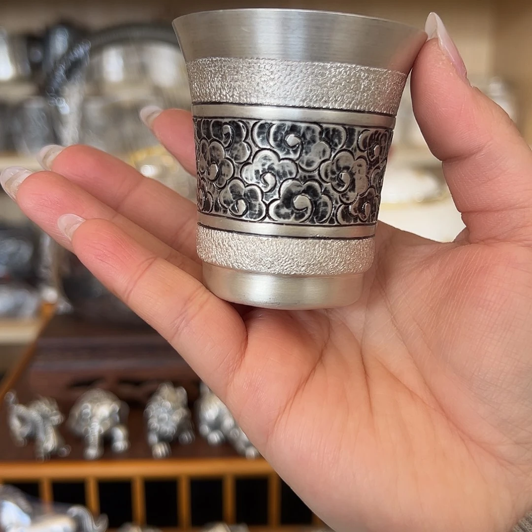 茶盏足银999祥云单层杯子