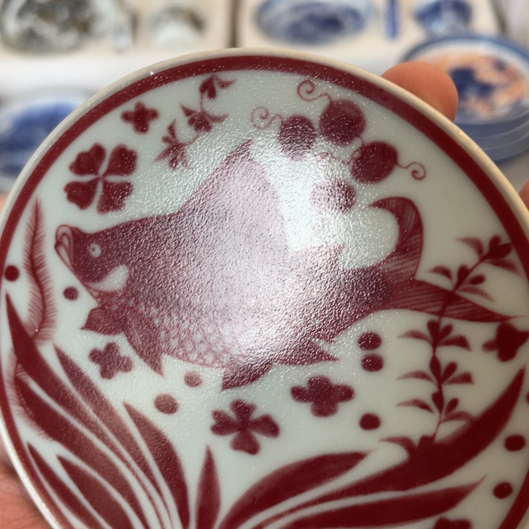 瓷片景德镇釉里红鱼藻纹盖置