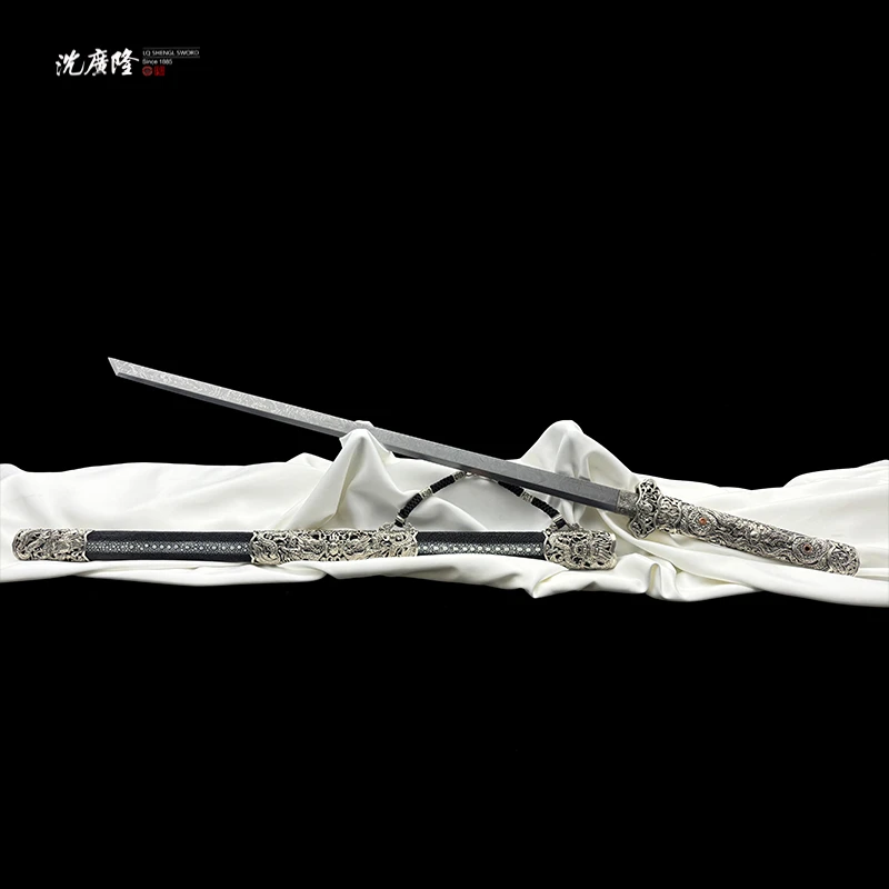 龙泉沈广隆-傲天唐刀 乌兹钢 白铜 黑鱼皮 宝剑 唐横刀 未开刃