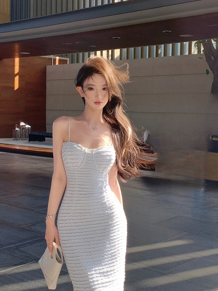 御姐气质纯欲风性感辣妹收腰显瘦开叉包臀长裙花边褶皱吊带连衣裙