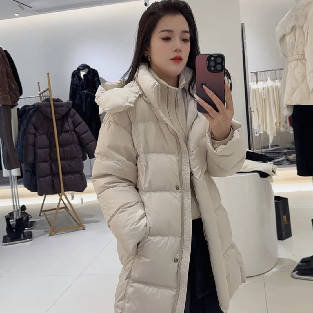 （刘敏服装）1998款中长款白鸭绒羽绒服可拆卸连帽加厚女冬