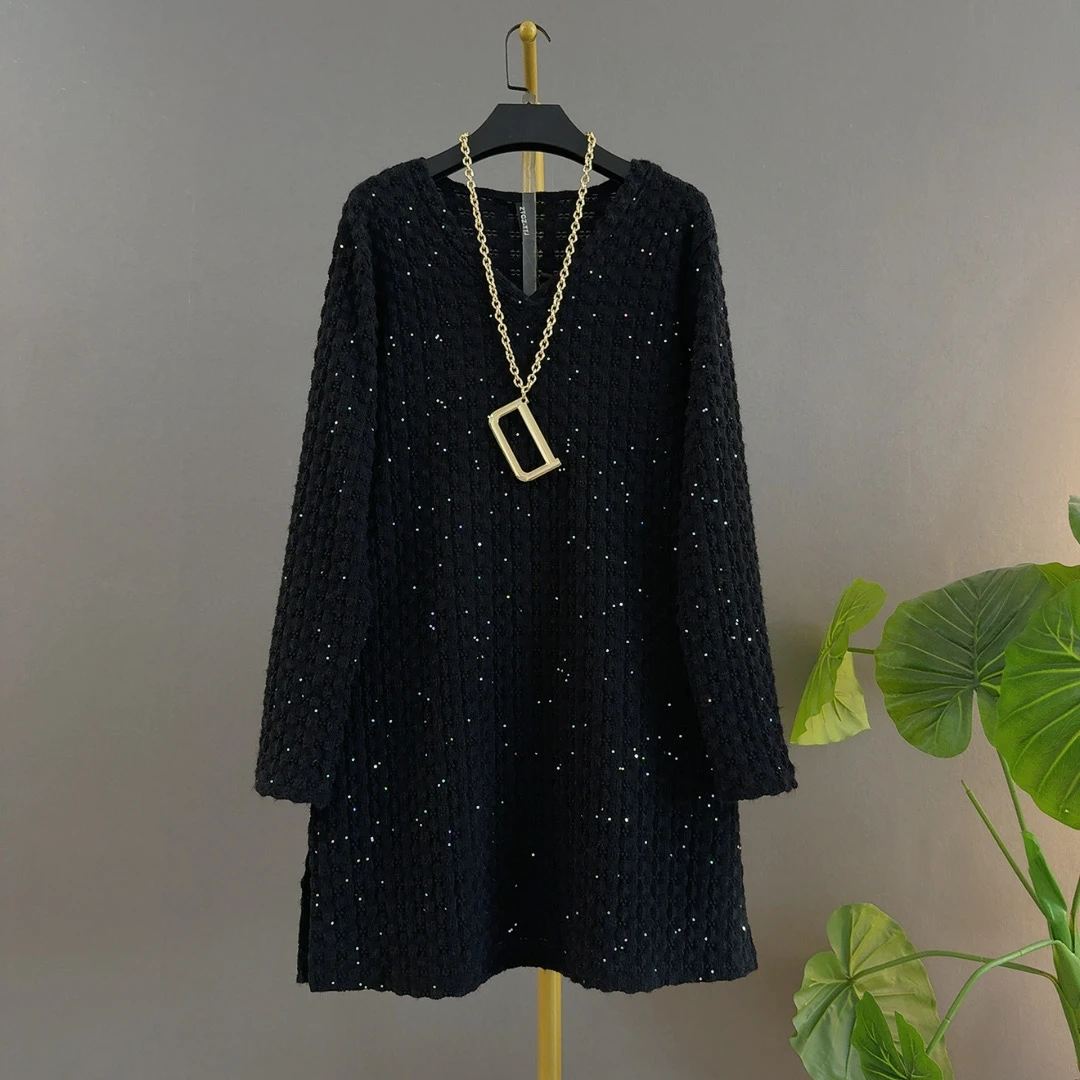 胖MM新款时尚V领亮晶晶净版针织洋气宽松中长款大码长袖上衣