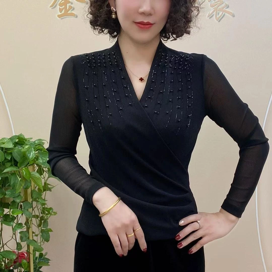 爆款气质春秋新款打底时尚交叉遮肉洋气弹力网纱显瘦长袖上衣小衫