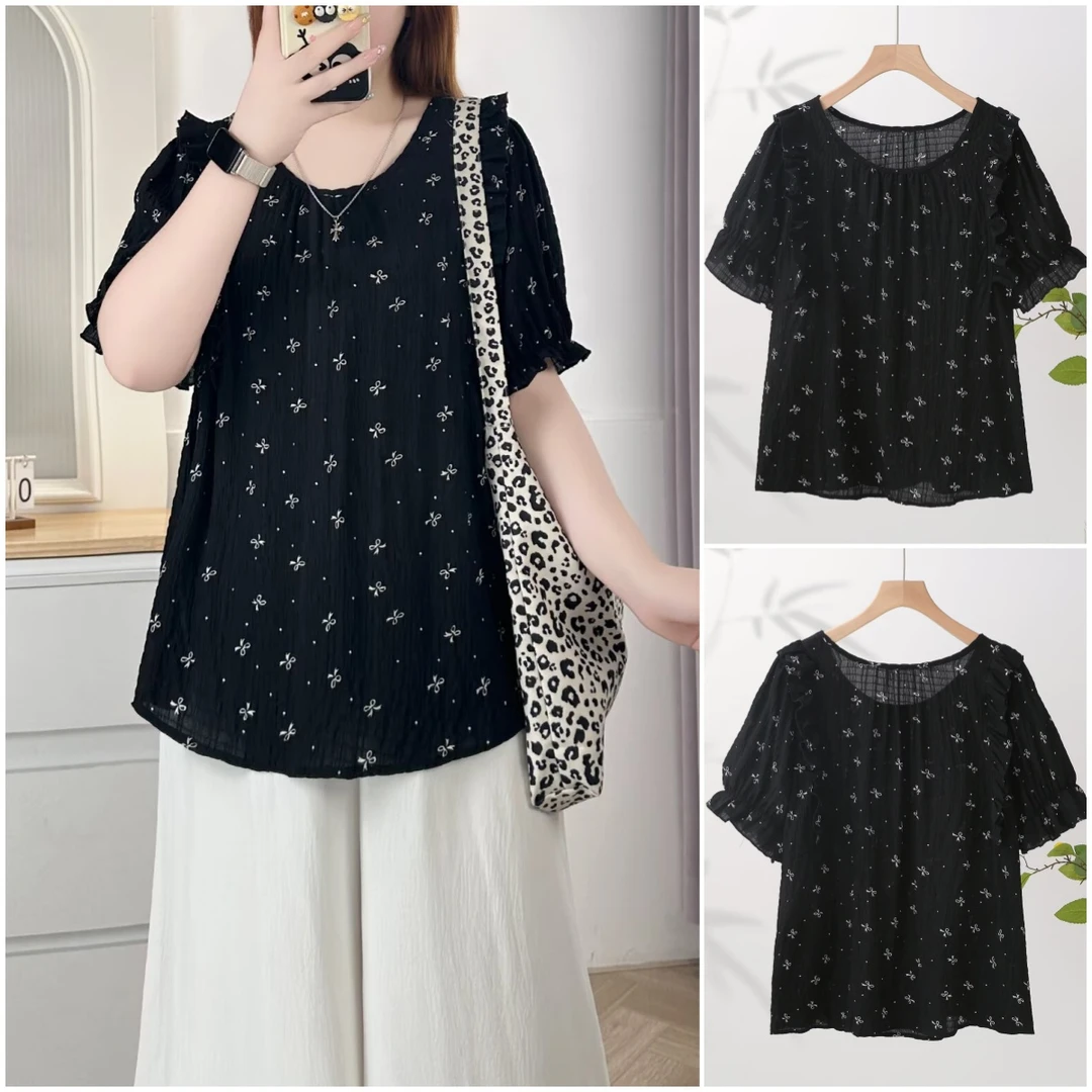 大码装雪纺衫女木耳边短袖女显瘦遮肚子减龄洋气