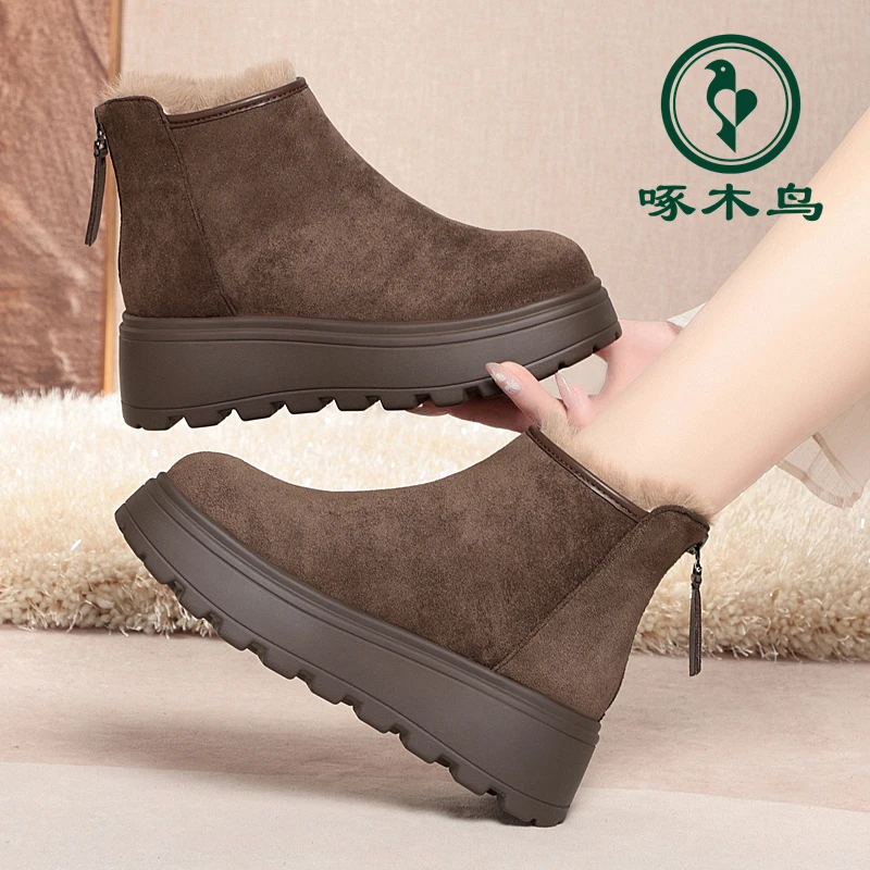 啄木鸟冬季新款女短靴加绒保暖厚底防滑勃肯靴时尚百搭女棉靴