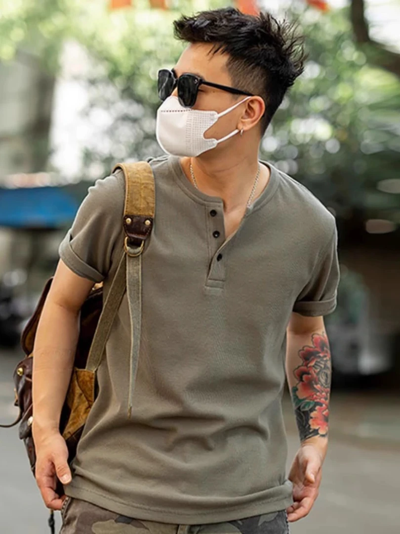 2025新款日系美式重磅华夫格T恤男士短袖夏季亨利衫领针织POLO衫