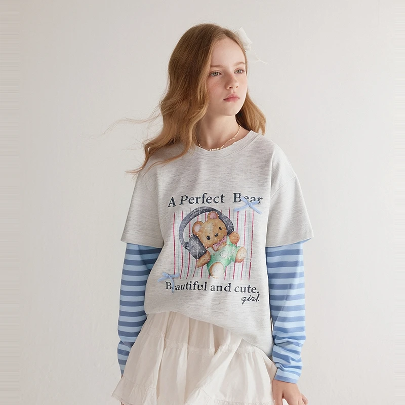 笛莎官方女童长袖恤秋季新款儿童女孩假两件休闲韩版潮流圆领上衣