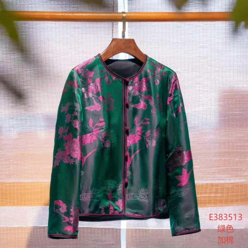 【锦系】真丝老缎新中式国风桑蚕丝圆领直襟加棉长袖外套383513