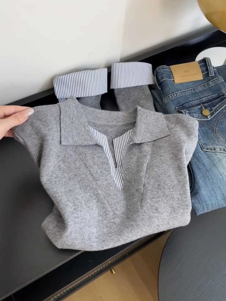 特大码300斤条纹撞色拼接设计感假两件针织衫女秋季新款宽松上衣