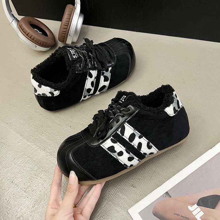 丑萌大头德训鞋女冬季加绒2025新款厚底休闲运动复古豹纹泡芙板鞋