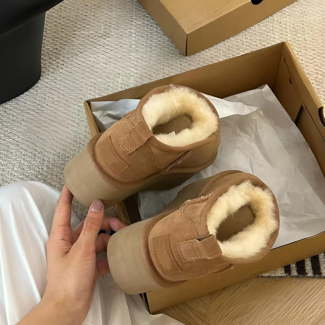 <周冬雨5cm>时尚真皮厚底保暖冬季低帮皮毛一体