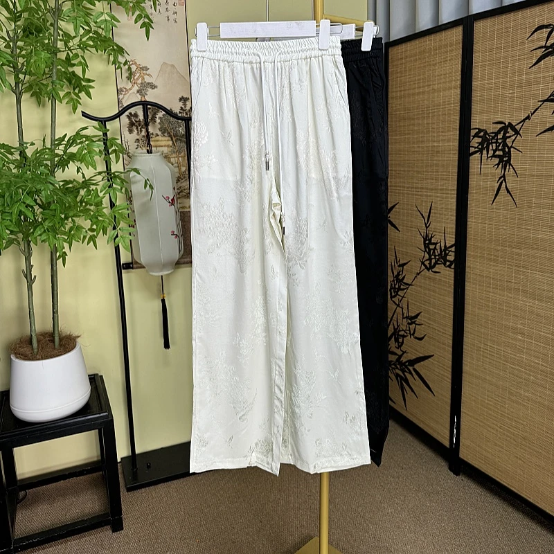 凤凰花】新中式直筒裤百搭休闲松紧腰提花高腰阔腿裤宽松设计师