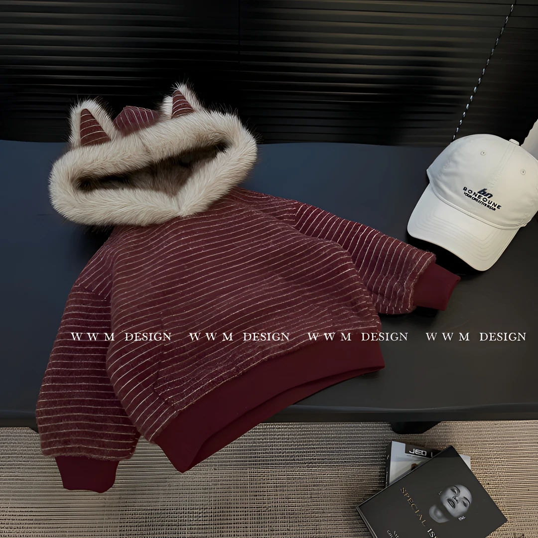 【现货】【文文妈】冬季新款条纹连帽加绒卫衣慵懒宽松宝宝上衣男女童