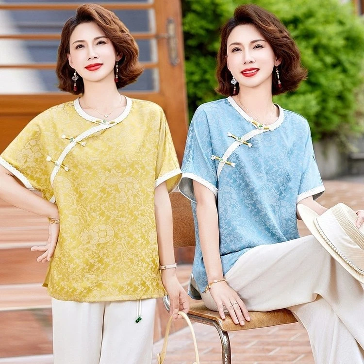 中国风短款新中式拼接T恤大码提花中式唐装夏季宽松气质文艺复古